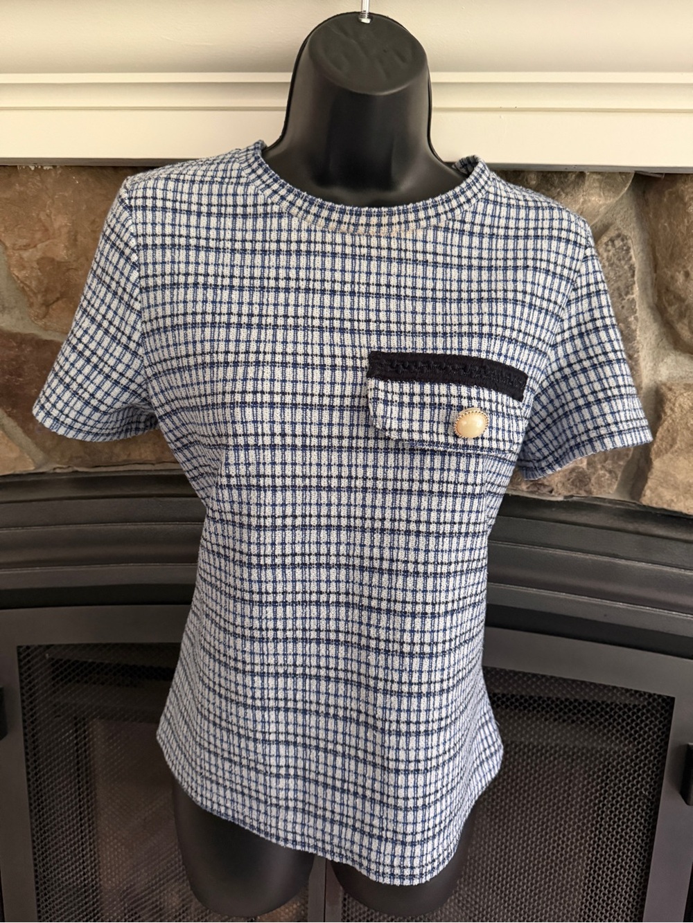 Blue and White Check Short Sleeve Tee with Pocket Detail